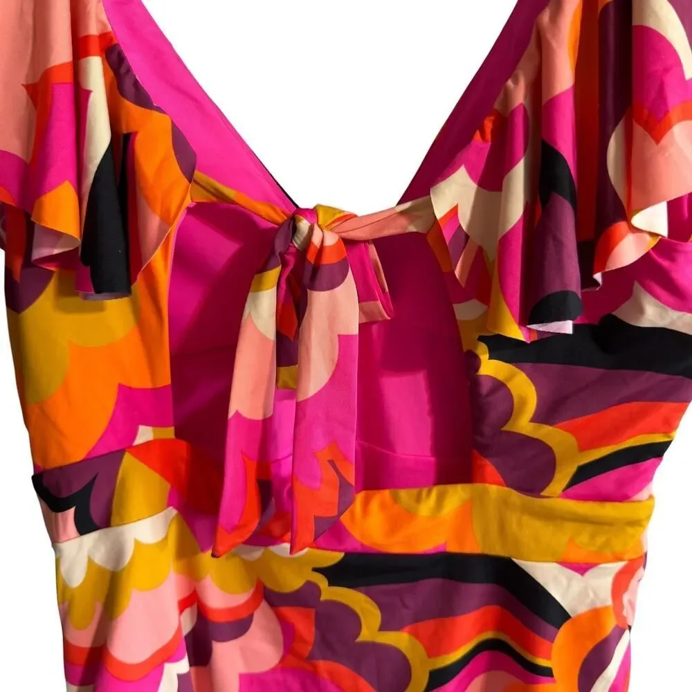 Trina Turk Fan Faire Ruffle Plunge One Piece Swimsuit NWOT Size 12